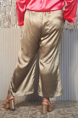 OLIVE SATIN MID-RISE RELAXED FIT PANTS