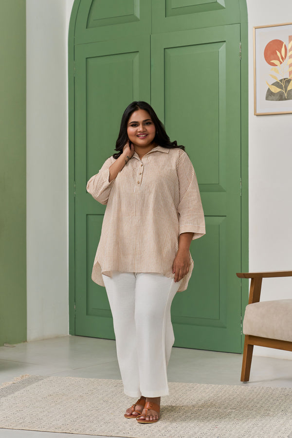 Brown Striped Hand Block Printed Top with Placket