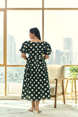 Timeless Polka Dot Black Cotton Maxi Dress with Puff Sleeves