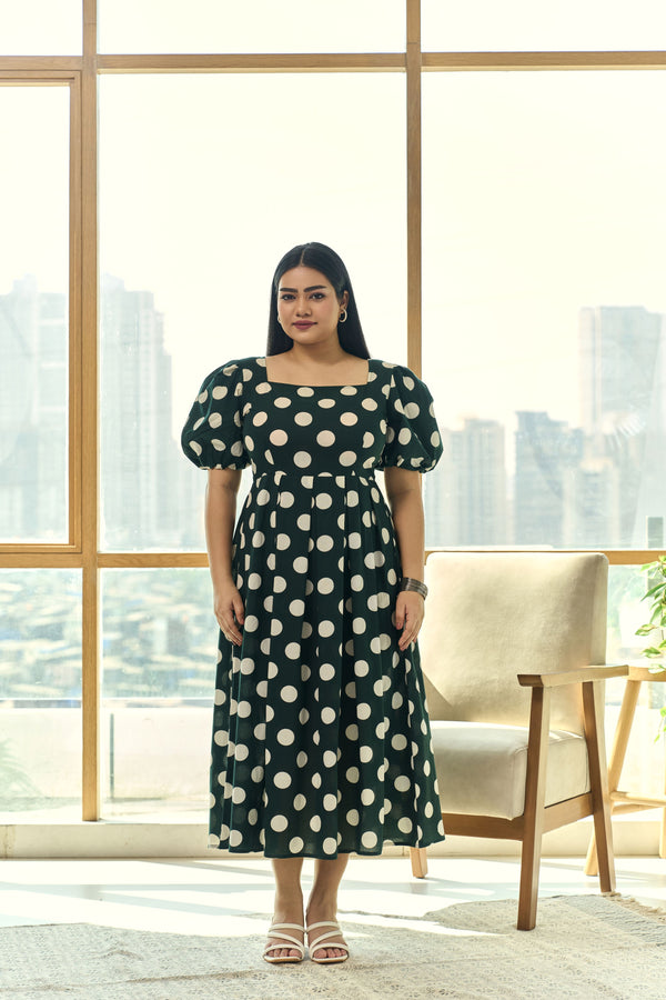 Timeless Polka Dot Green Cotton Maxi Dress with Puff Sleeves