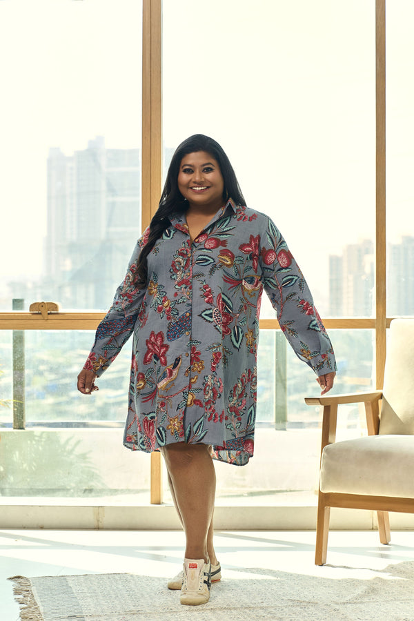 Grey Fruit Print Cotton Shirt Dress