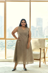 Trendy Striped A-line Cotton Mocha Maxi Dress with Pockets