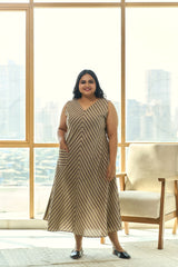 Trendy Striped A-line Cotton Mocha Maxi Dress with Pockets