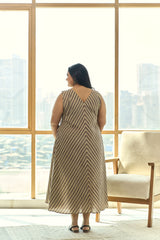 Trendy Striped A-line Cotton Mocha Maxi Dress with Pockets