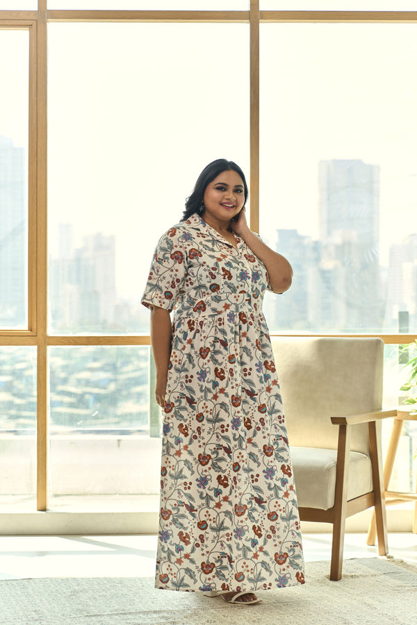 White Floral Hand-block Printed Cotton Maxi Dress