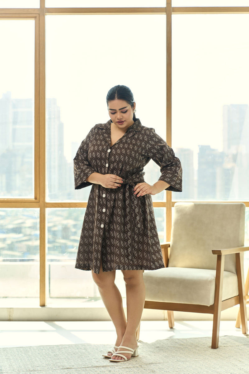 Mocha Brown Ajrakh Print Kantha Cotton Shirt Dress with Belt