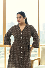 Mocha Brown Ajrakh Print Kantha Cotton Shirt Dress with Belt