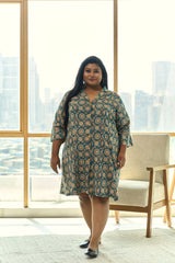 Teal Blue Ajrakh Print Kantha Cotton Short Shirt Dress