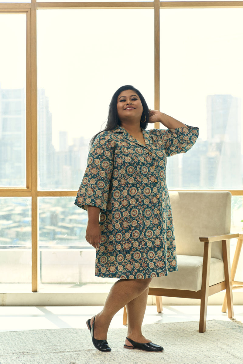 Teal Blue Ajrakh Print Kantha Cotton Short Shirt Dress