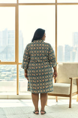 Teal Blue Ajrakh Print Kantha Cotton Short Shirt Dress