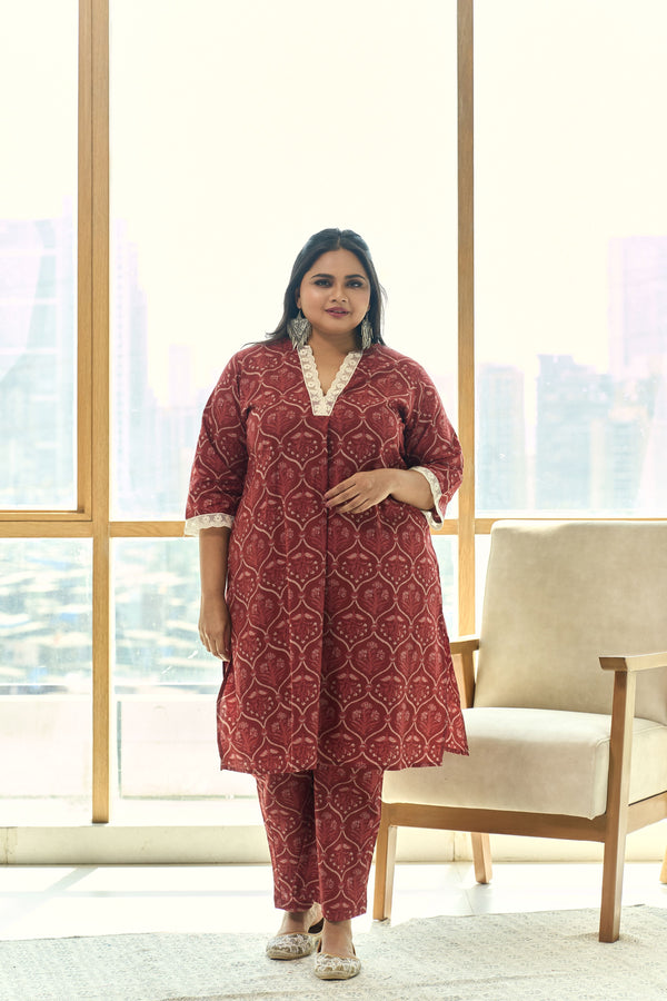 Rust Red Handblock Cotton Co-ord Set