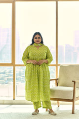 Trendy Lime Booti Kurta (Set of 3) with Leheriya Dupatta