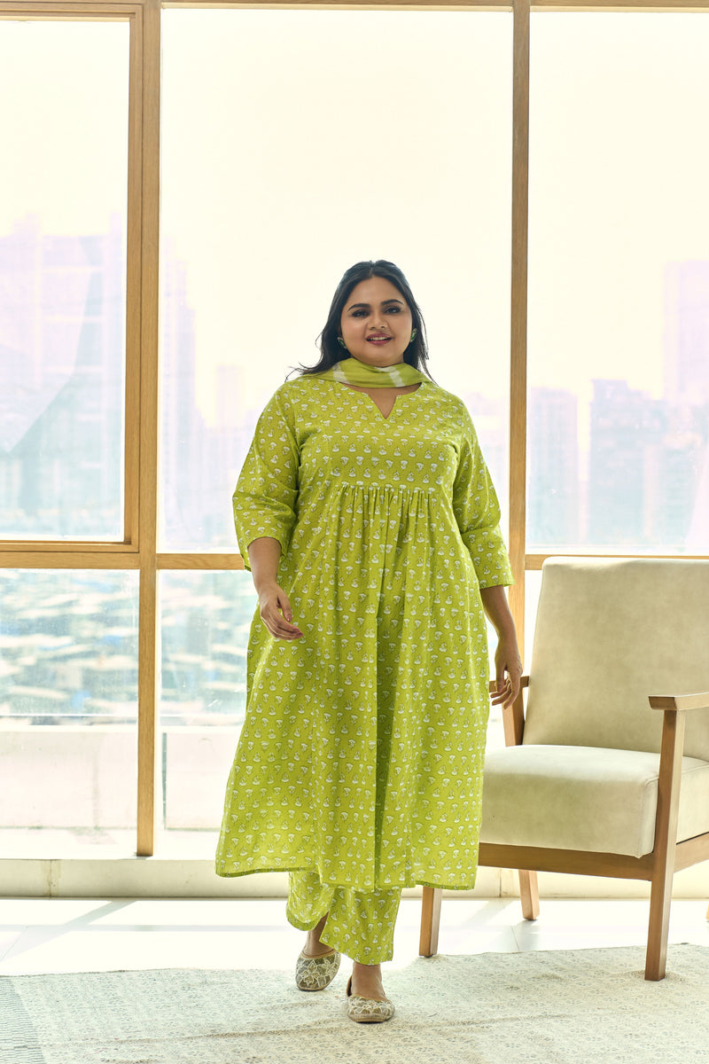 Trendy Lime Booti Kurta (Set of 3) with Leheriya Dupatta