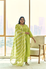 Trendy Lime Booti Kurta (Set of 3) with Leheriya Dupatta