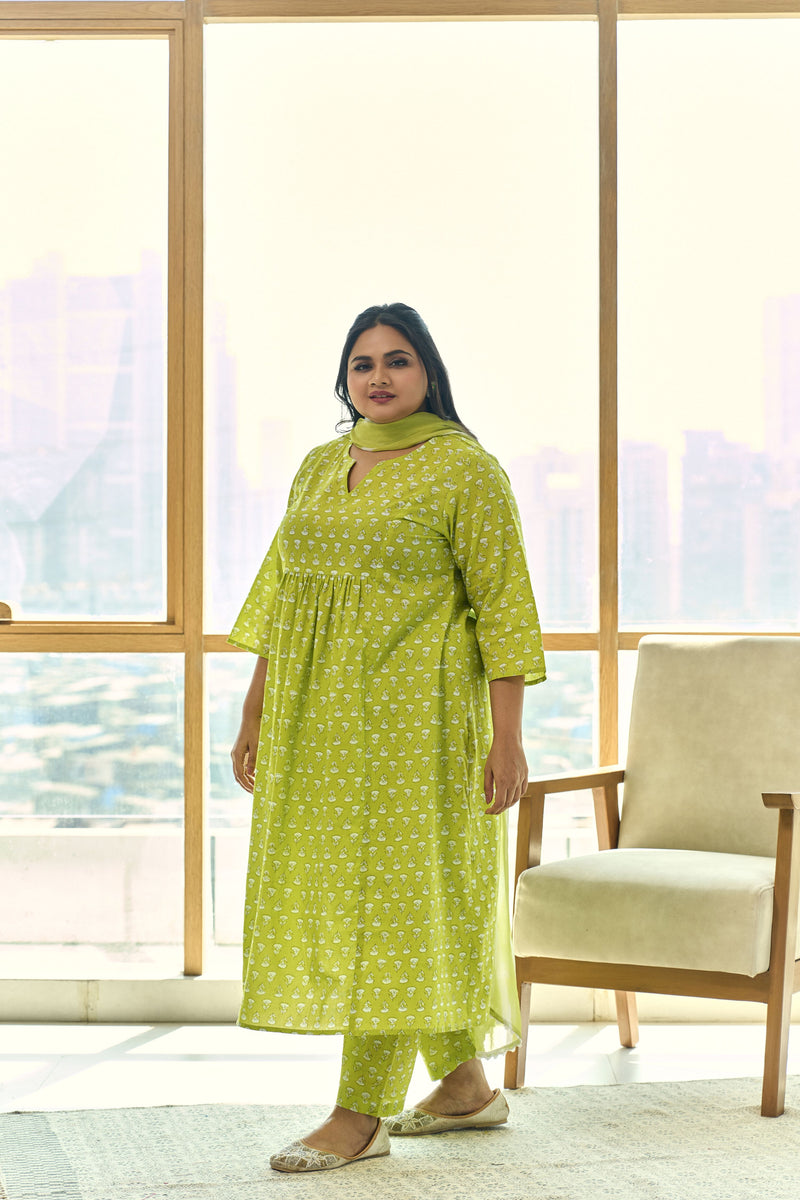 Trendy Lime Booti Kurta (Set of 3) with Leheriya Dupatta