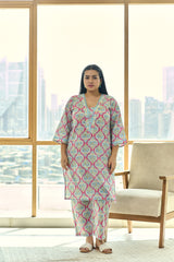 Fuschia & Azure Blue Block Print Kurta with Crochet Lace Detailing(Set of 2)