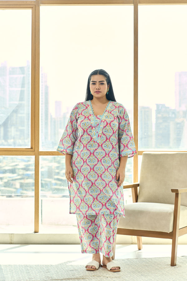 Fuschia & Azure Blue Block Print Kurta with Crochet Lace Detailing(Set of 2)