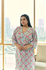 Fuschia & Azure Blue Block Print Kurta with Crochet Lace Detailing(Set of 2)