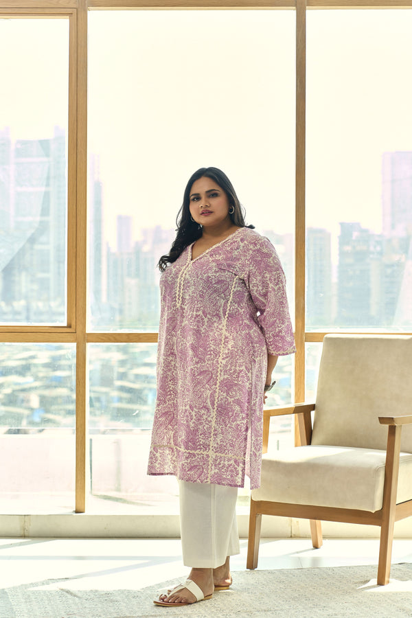 Elegant Block Print Dusty Lilac Kurta(only kurta)