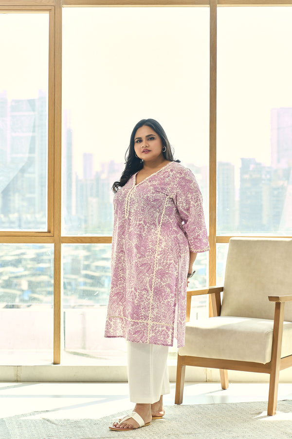 Elegant Block Print Dusty Lilac Kurta(only kurta)