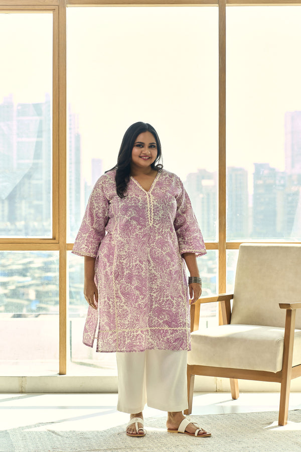 Elegant Block Print Dusty Lilac Kurta(only kurta)