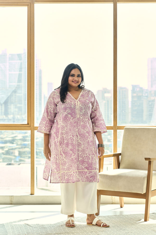 Elegant Block Print Dusty Lilac Kurta(only kurta)