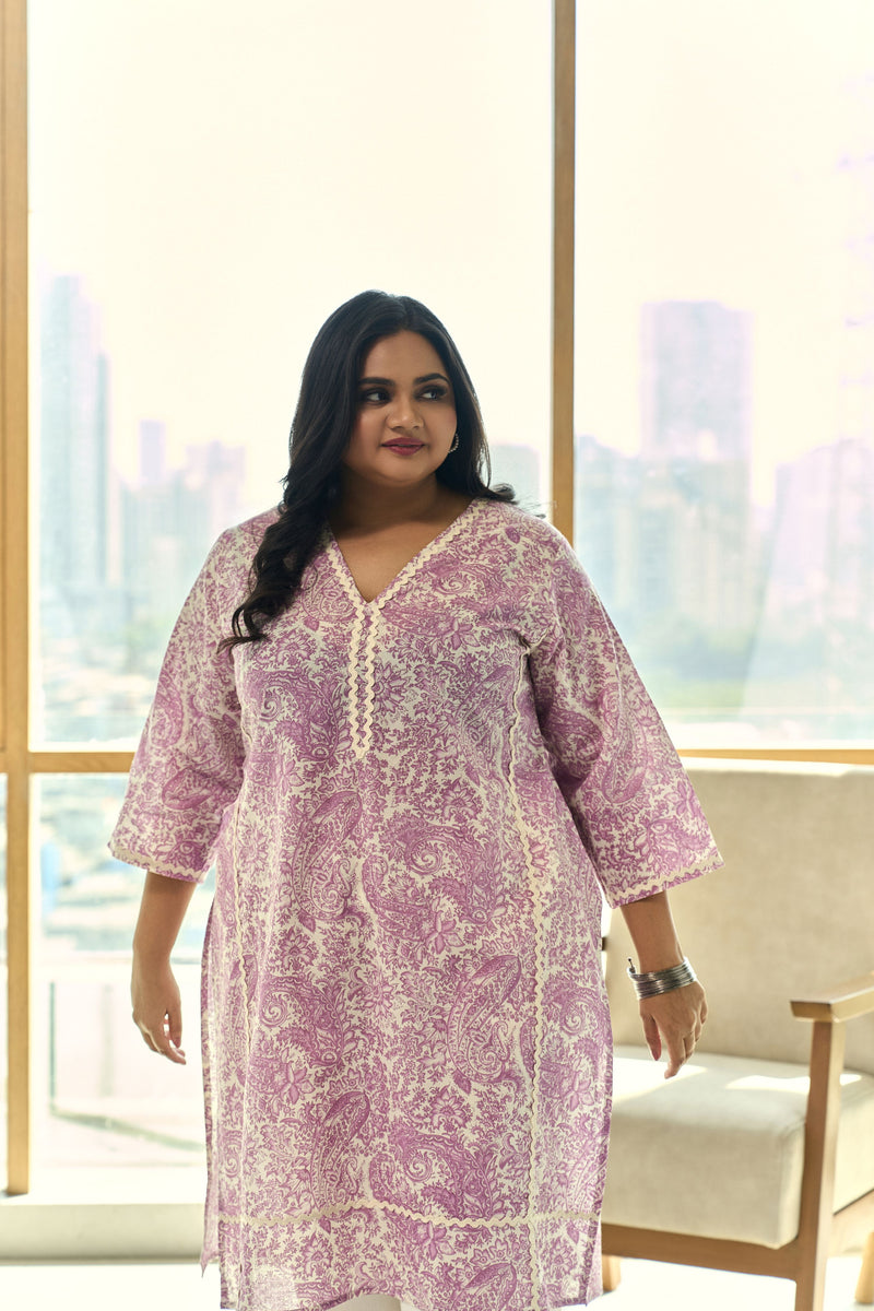 Elegant Block Print Dusty Lilac Kurta(only kurta)