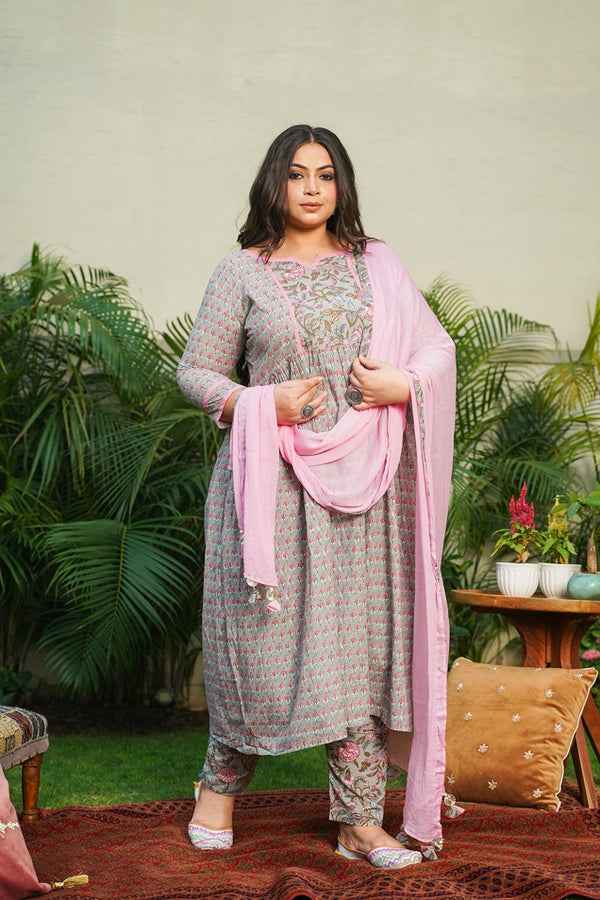 Pink Grey Floral Anarkali Suit Set - Plus Size