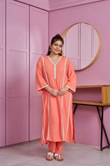 Coral Peach Modal Kurta Set with Lace Accents (Set of 2)