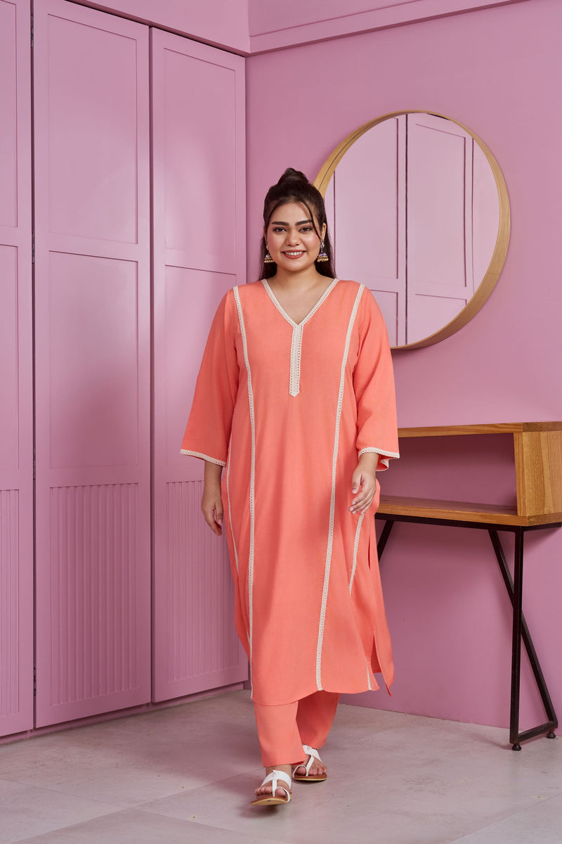 Coral Peach Modal Kurta Set with Lace Accents (Set of 2)