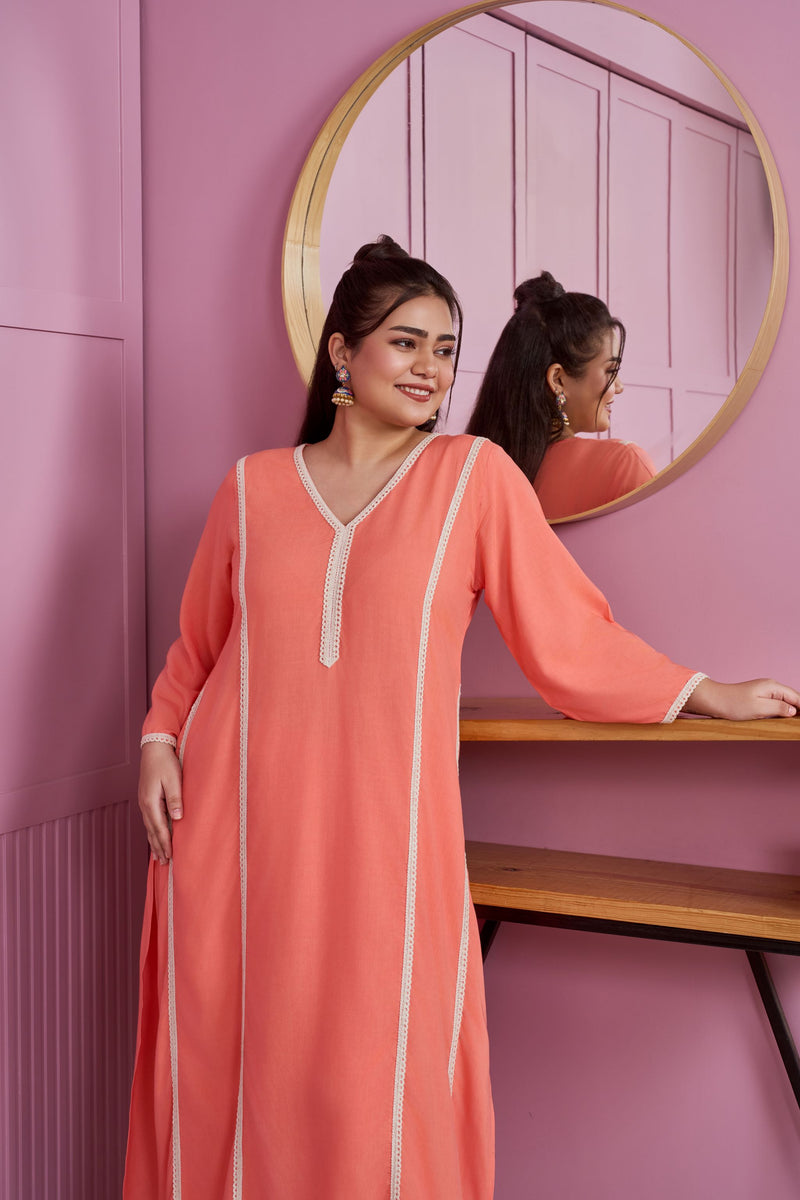 Coral Peach Modal Kurta Set with Lace Accents (Set of 2)