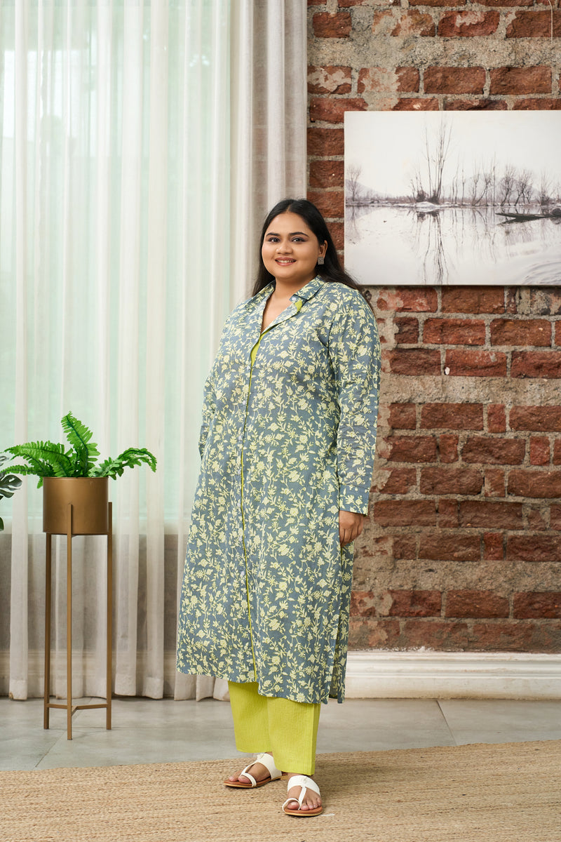 Floral-Printed Teal and Lime Green Kurta Set - (Set of 2)