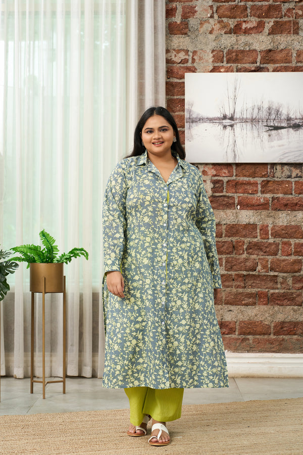 Floral-Printed Teal and Lime Green Kurta Set - (Set of 2)