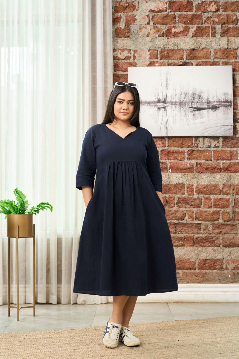 Navy Blue V-Neck Linen-Blend Midi Dress with Gathered Waist