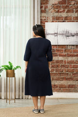 Navy Blue V-Neck Linen-Blend Midi Dress with Gathered Waist