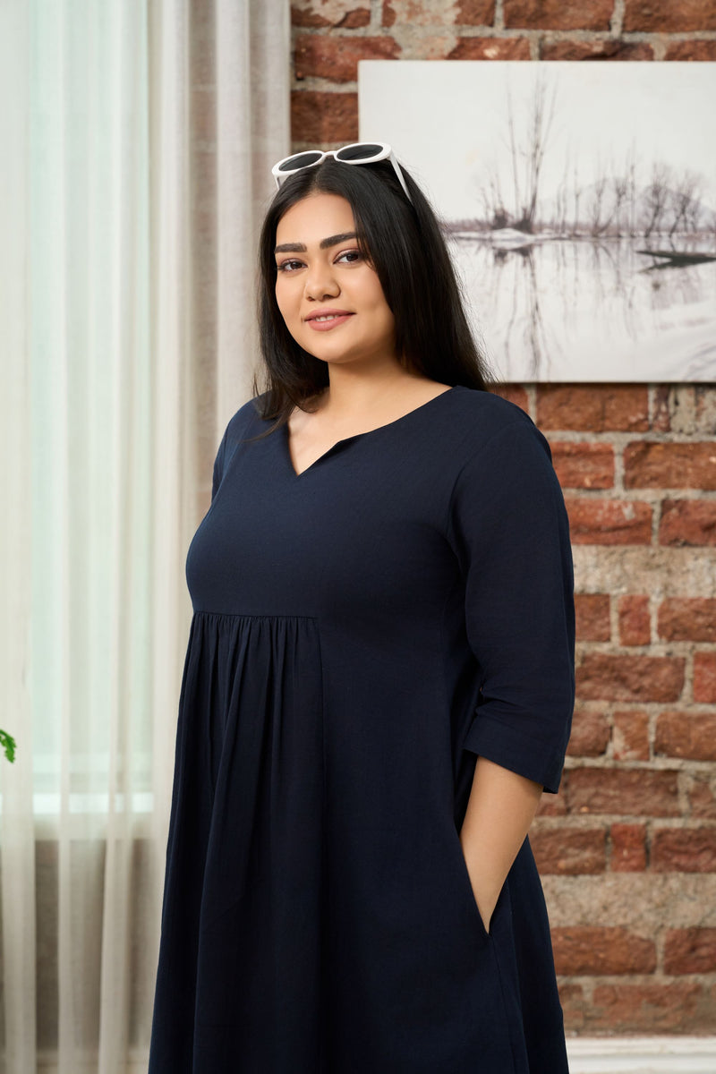 Navy Blue V-Neck Linen-Blend Midi Dress with Gathered Waist