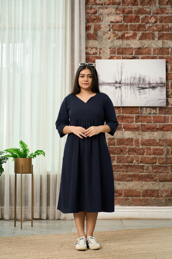 Navy Blue V-Neck Linen-Blend Midi Dress with Gathered Waist