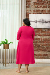 Fuchsia Pink V-Neck Linen-Blend  Midi Dress with Gathered Waist