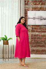 Fuchsia Pink V-Neck Midi Dress with Gathered Waist