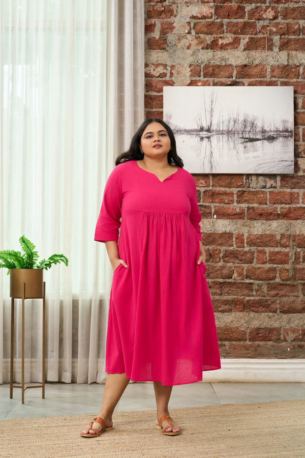 Fuchsia Pink V-Neck Midi Dress with Gathered Waist