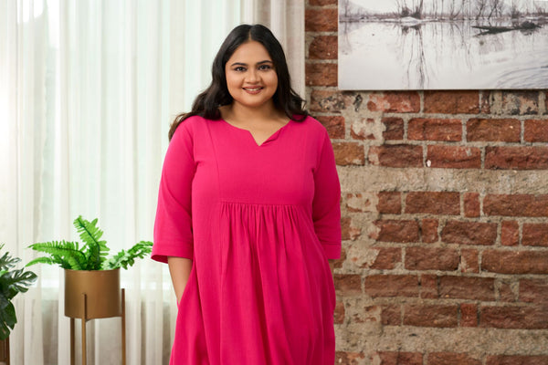 Fuchsia Pink V-Neck Linen-Blend  Midi Dress with Gathered Waist