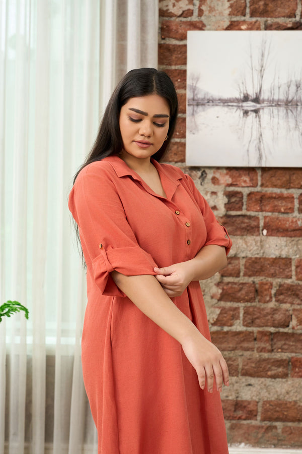 Rust Orange Mid-Length Linen-Blend Shirt Collar Dress