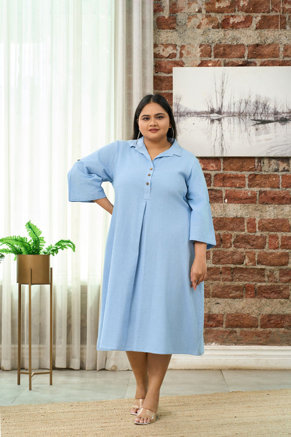 Light Blue Mid-Length Linen-Blend Shirt Collar Dress