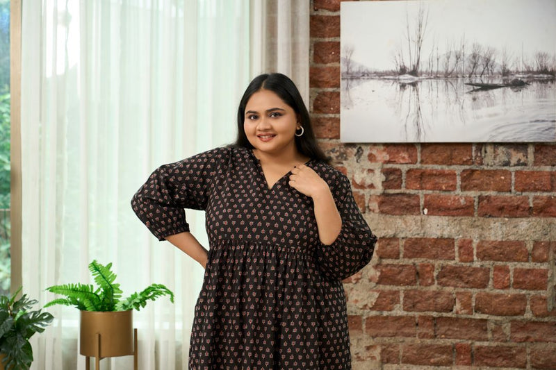 Black Printed Cotton Tiered Dress