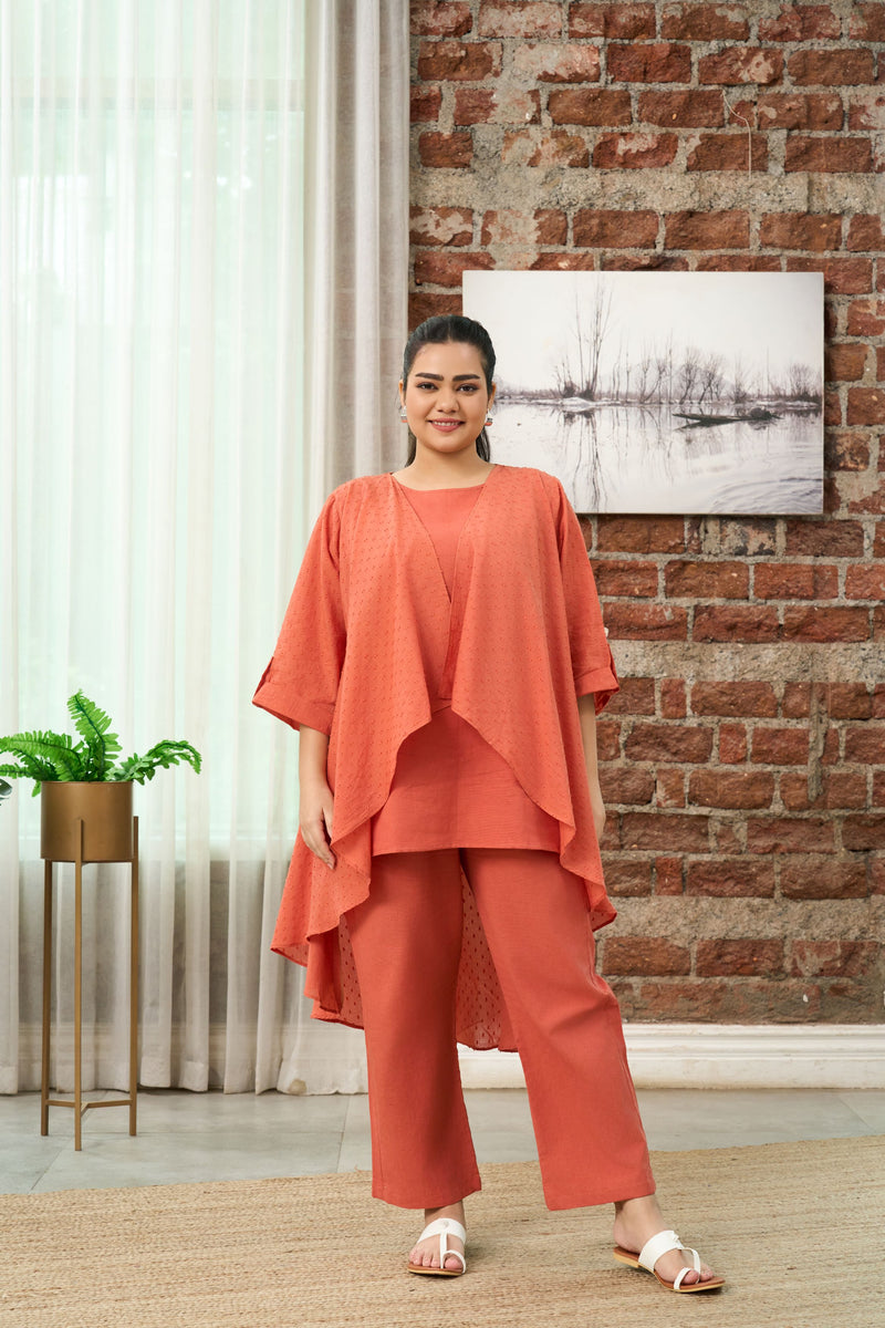 Rust Orange Cotton Co-ord Set with Shrug(Set of 3)