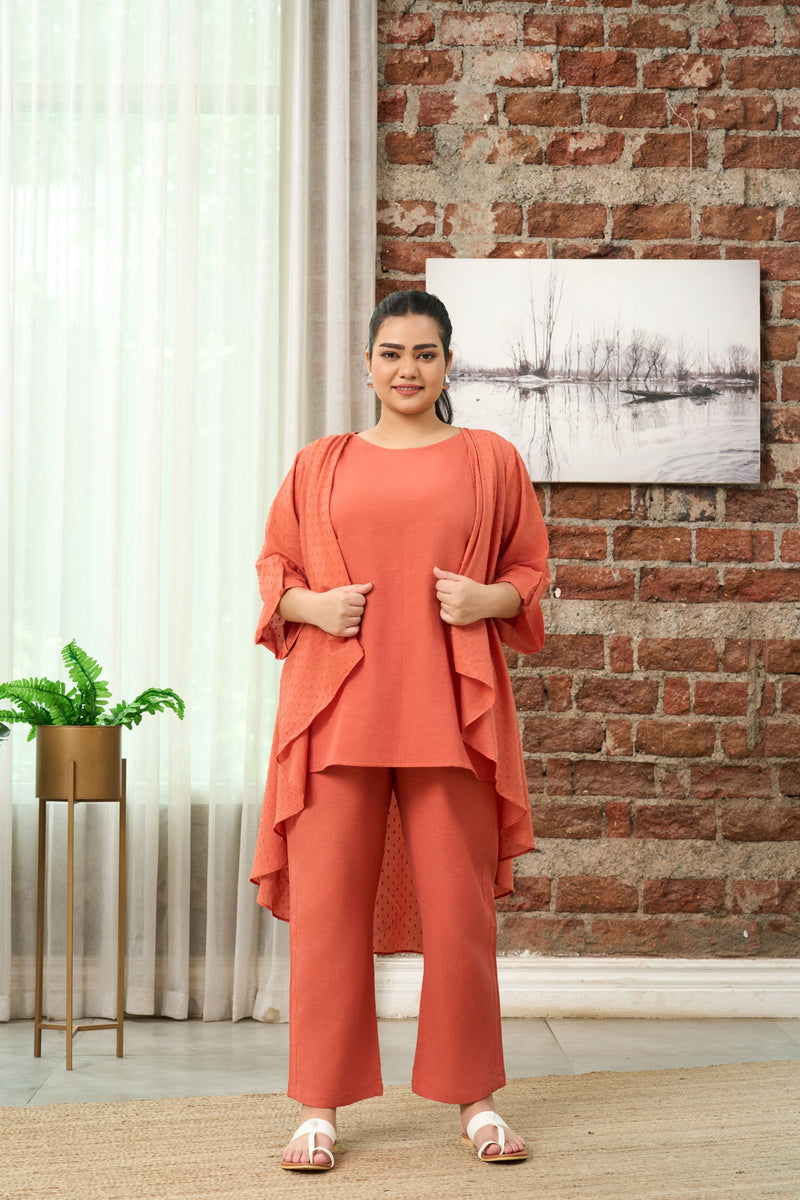 Rust Orange Cotton Co-ord Set with Shrug(Set of 3)