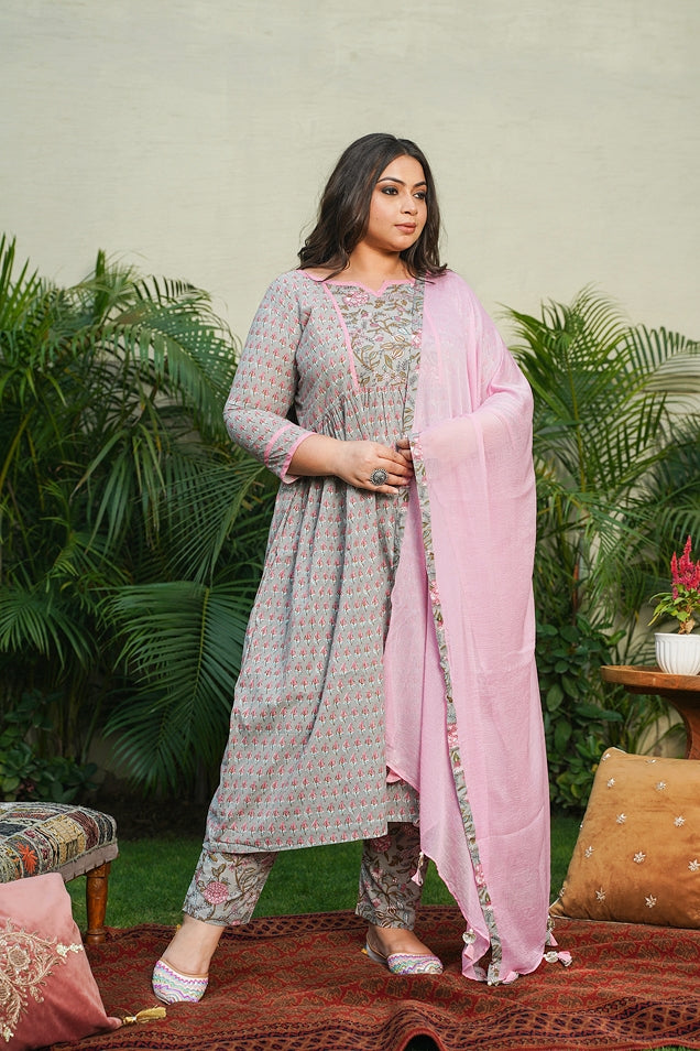 Pink Grey Floral Anarkali Suit Set - (Set of 3)