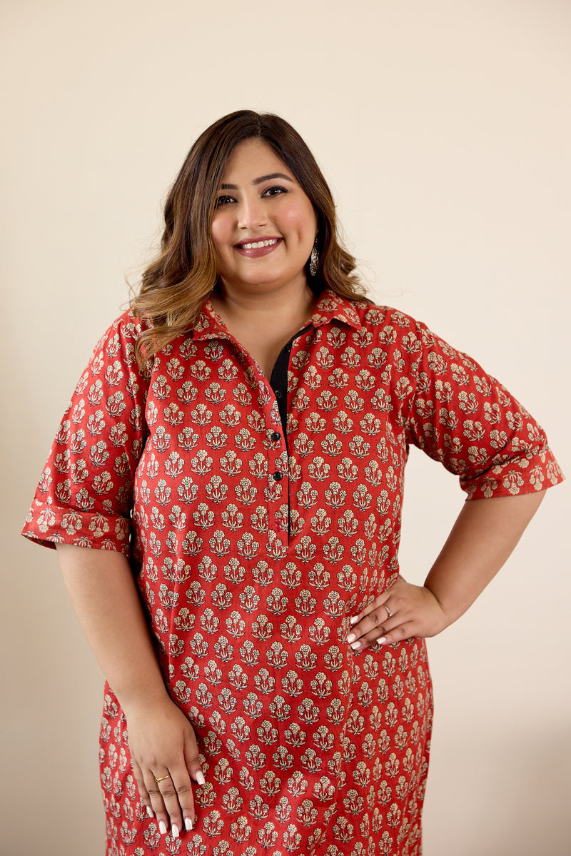 Red Bagru Print Collared Button Down Dress