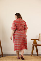 Red Bagru Print Collared Button Down Dress