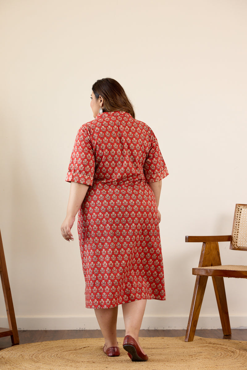 Red Bagru Print Collared Button Down Dress